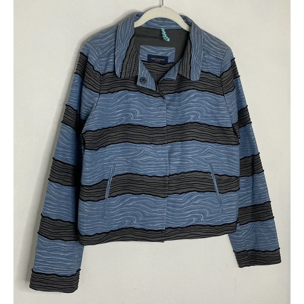 Piazza Sempione Italy Blue & Gray Cotton Textured Waves Boxy Blazer Size 12 - Picture 2 of 4